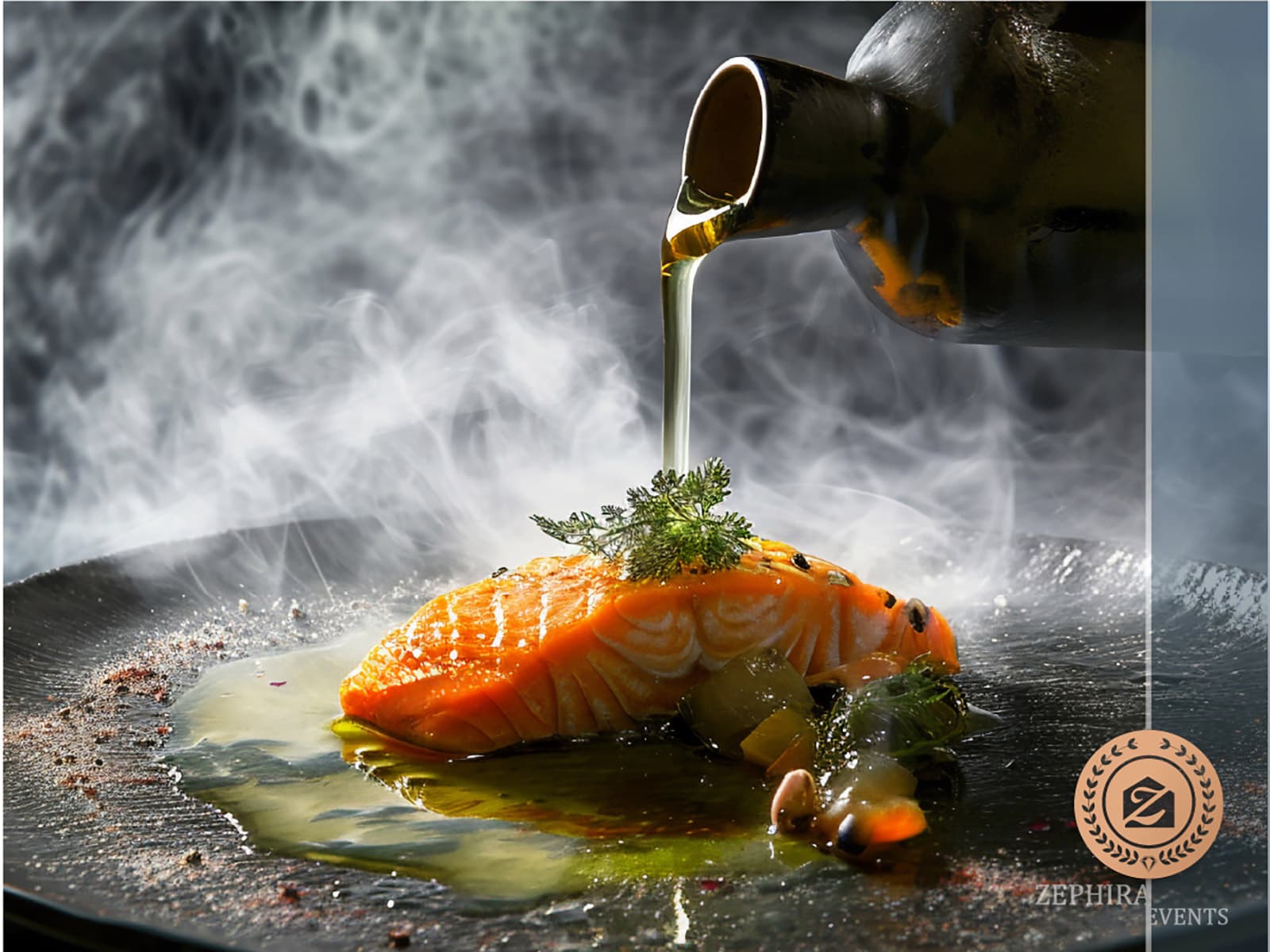 Somon aburit glazurat cu ulei, efect de fum pe farfurie