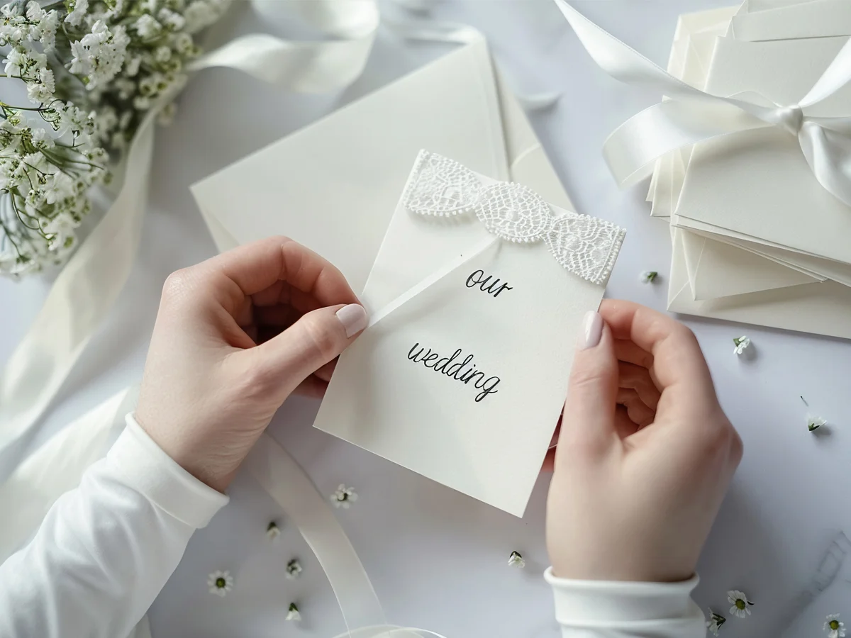 Card de nuntă pregătit pentru invitați, alături de plicuri și flori